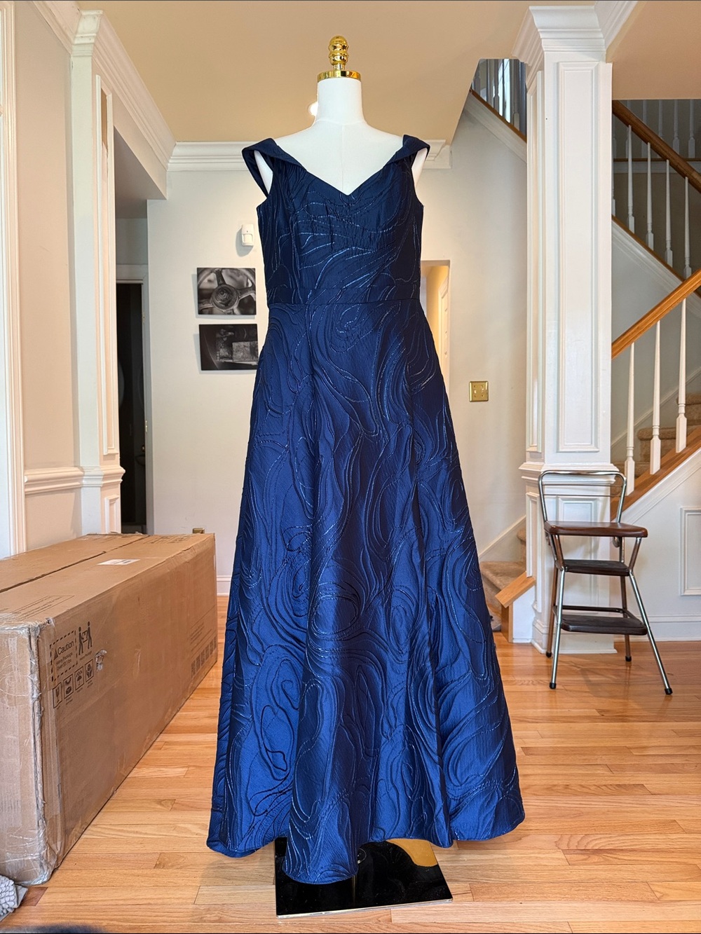 XSCAPE Navy Textured V-Neck A-Line Evening Dress
